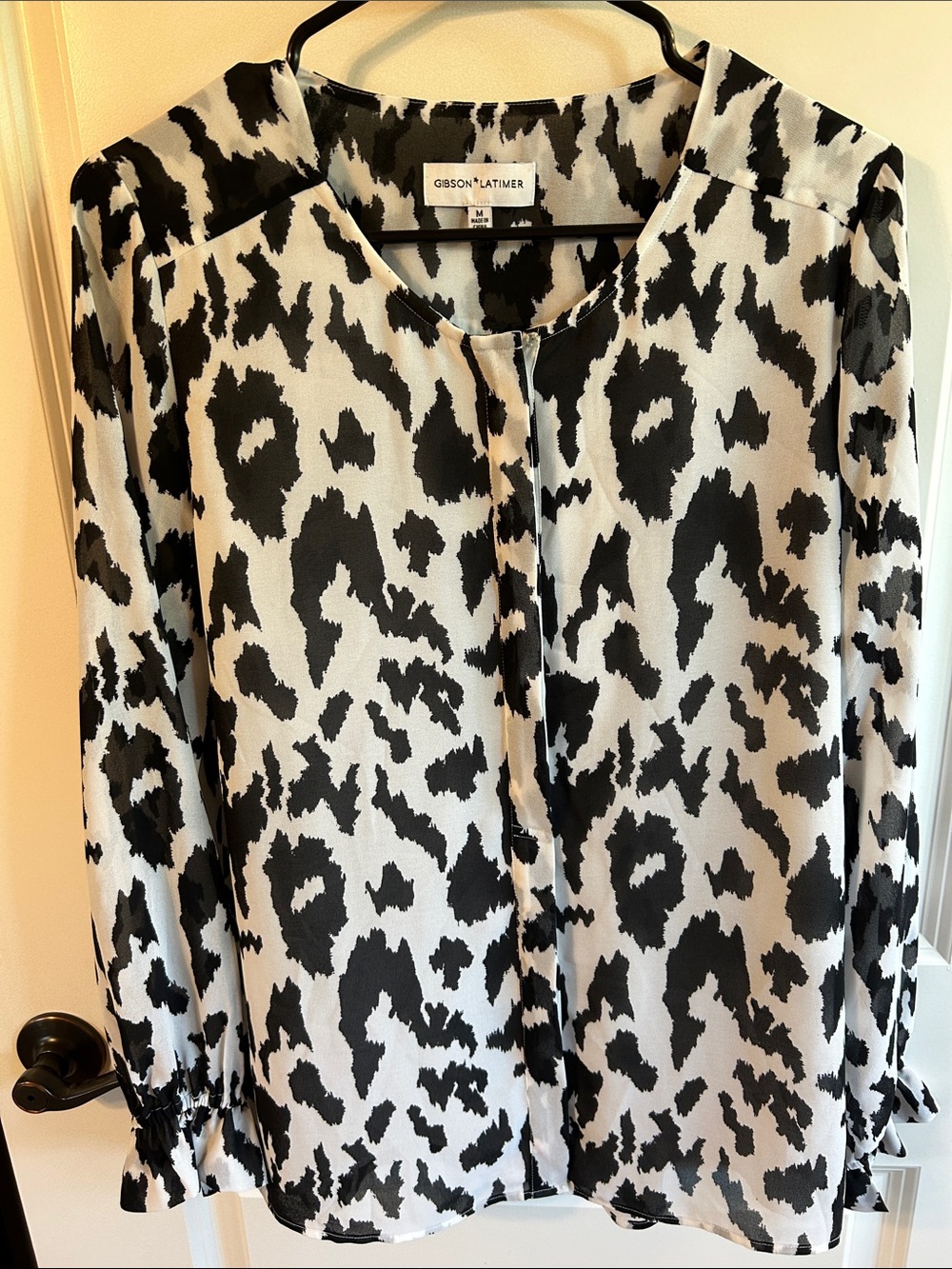 Gibson Latimer Black and White Animal Print Button-Front Sheer Blouse